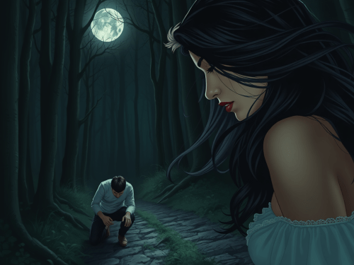 A brunet man leans on a path of the woods at night time with the full moon to his back. A brunette woman at the front of frame looks down.