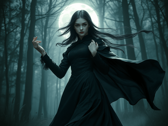 A pale Fae woman with black hair and grey eyes, wearing a black Victorian dress and cloak, with her hands somewhat raised. She's in a dark forest with the moon behind her.